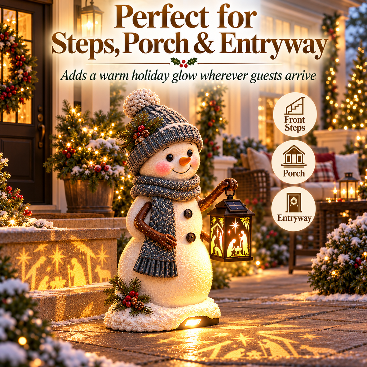 ⛄ Last Day 49% Snowman Nativity Glow™✨ – Solar Christmas Step Light with Holy Family Projection
