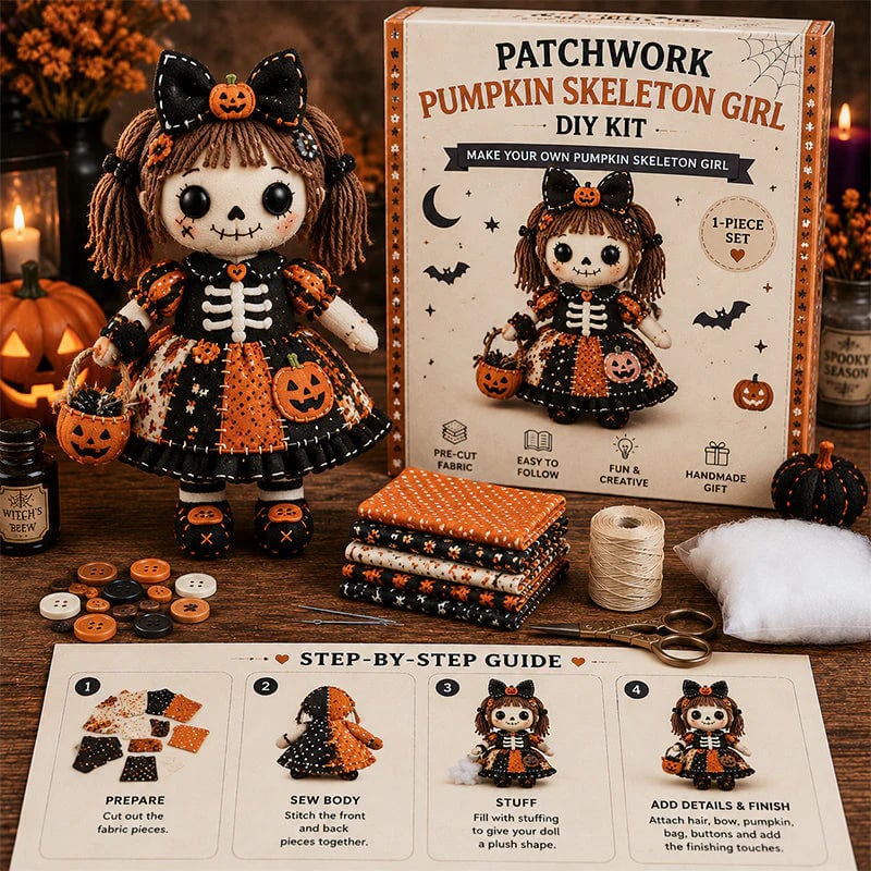 🔥HOT SALE 49% OFF🎃🧙‍♀️Patchwork Skeleton Witch Girl DIY Kit👻🦴🎃  – Handmade Halloween Wall & Door Décor