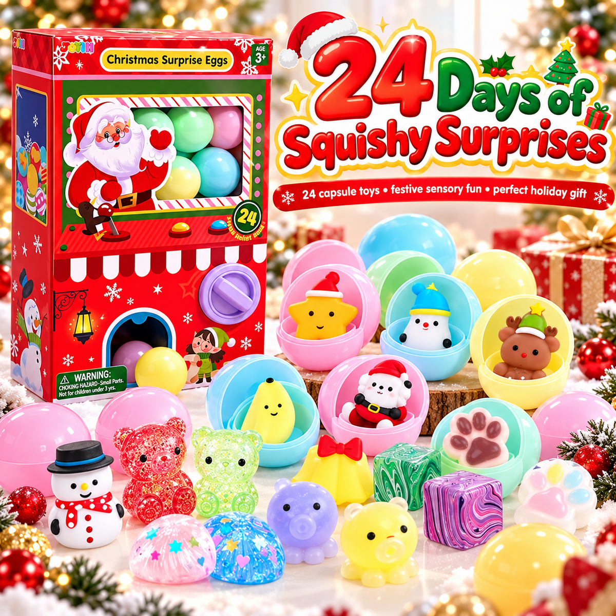 24-Day Christmas Gachapon Squishy Advent Calendar – 24 Surprise Capsule Sensory Toys with Twist-to-Dispense Machine Box