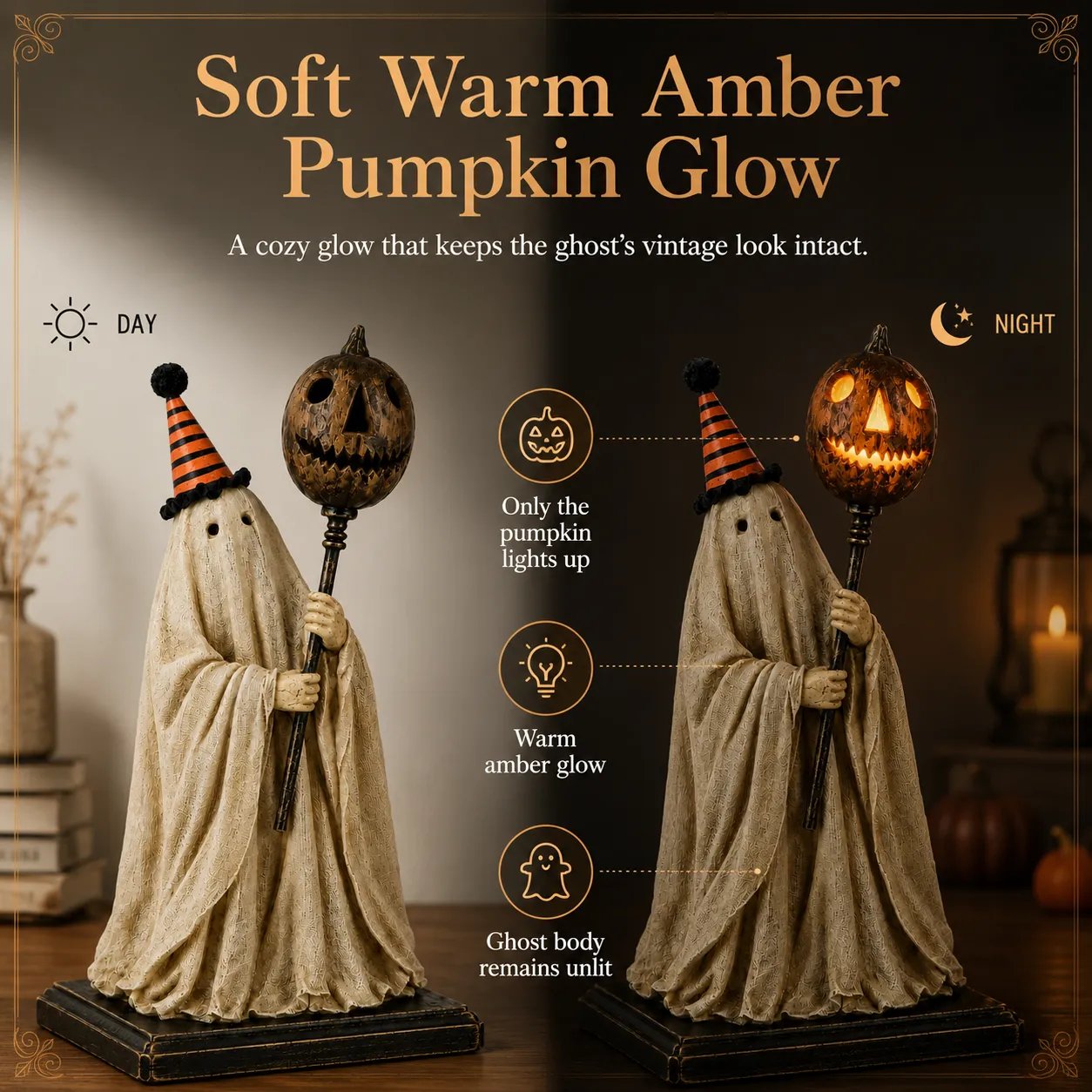 ✨🎃 Limited Seasonal Edition - 👻 Lighted Vintage Ghost Figurine with Glowing Pumpkin Staff