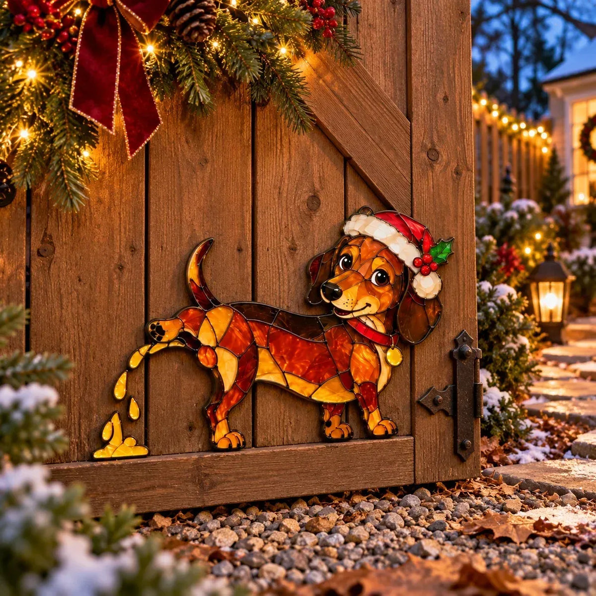 Funny Peeing Dachshund Christmas Decoration – Stained Glass-Style Sausage Dog Yard Art & Baseboard Decor