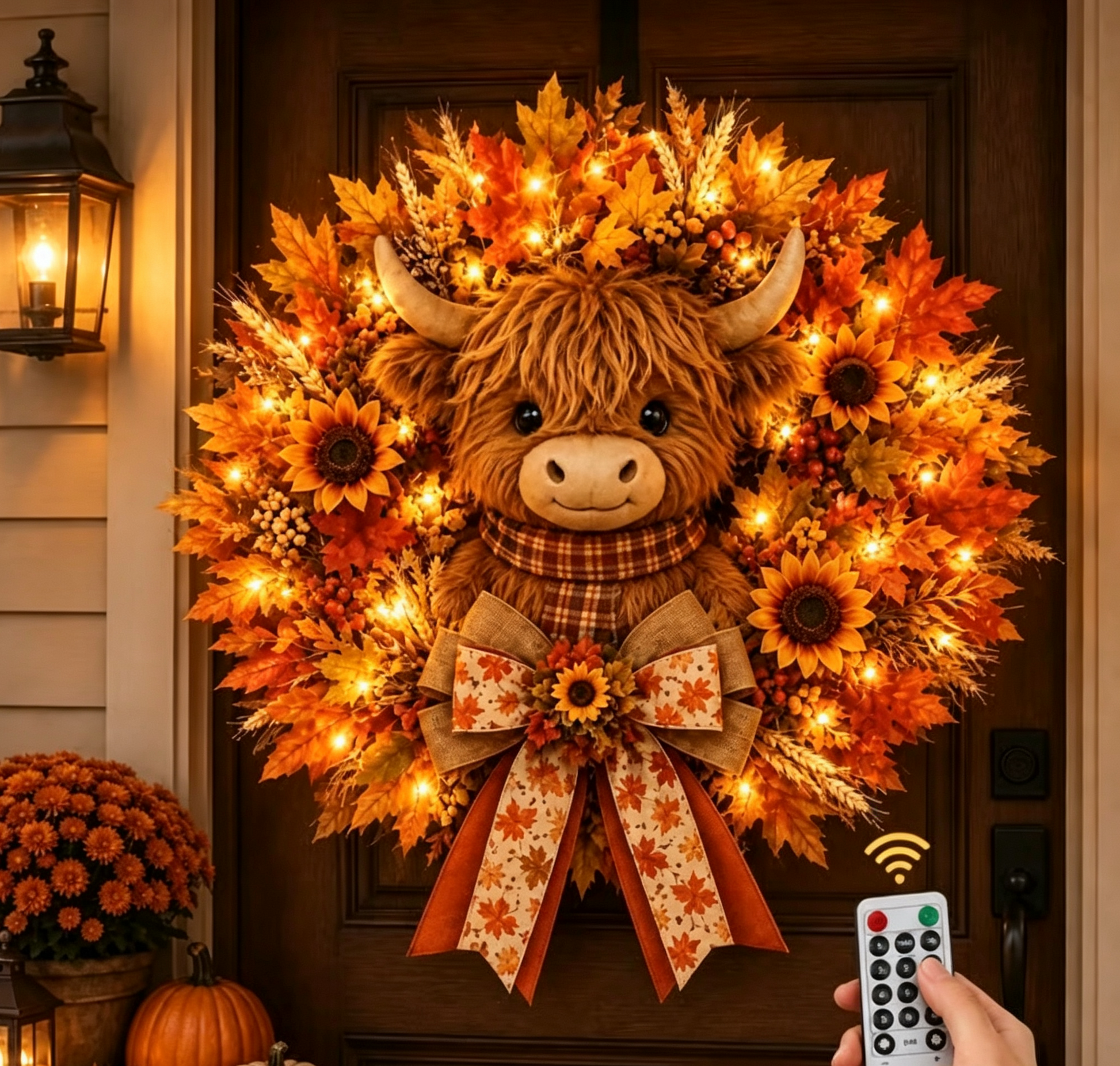 🍁🐮 Today Only 49% OFF🔥 Autumn Highland Cow Wreath | Charming Front Door Decor for Fall