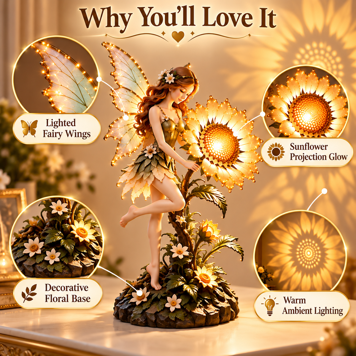 Sunflower Fairy Projection Lamp – Warm Lighted Fantasy Figurine with Flower Shadow Effect