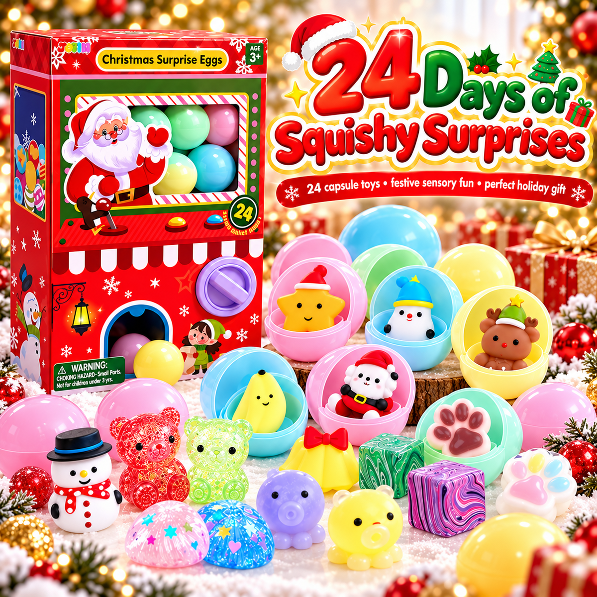 24-Day Christmas Gachapon Squishy Advent Calendar – 24 Surprise Capsule Sensory Toys with Twist-to-Dispense Machine Box