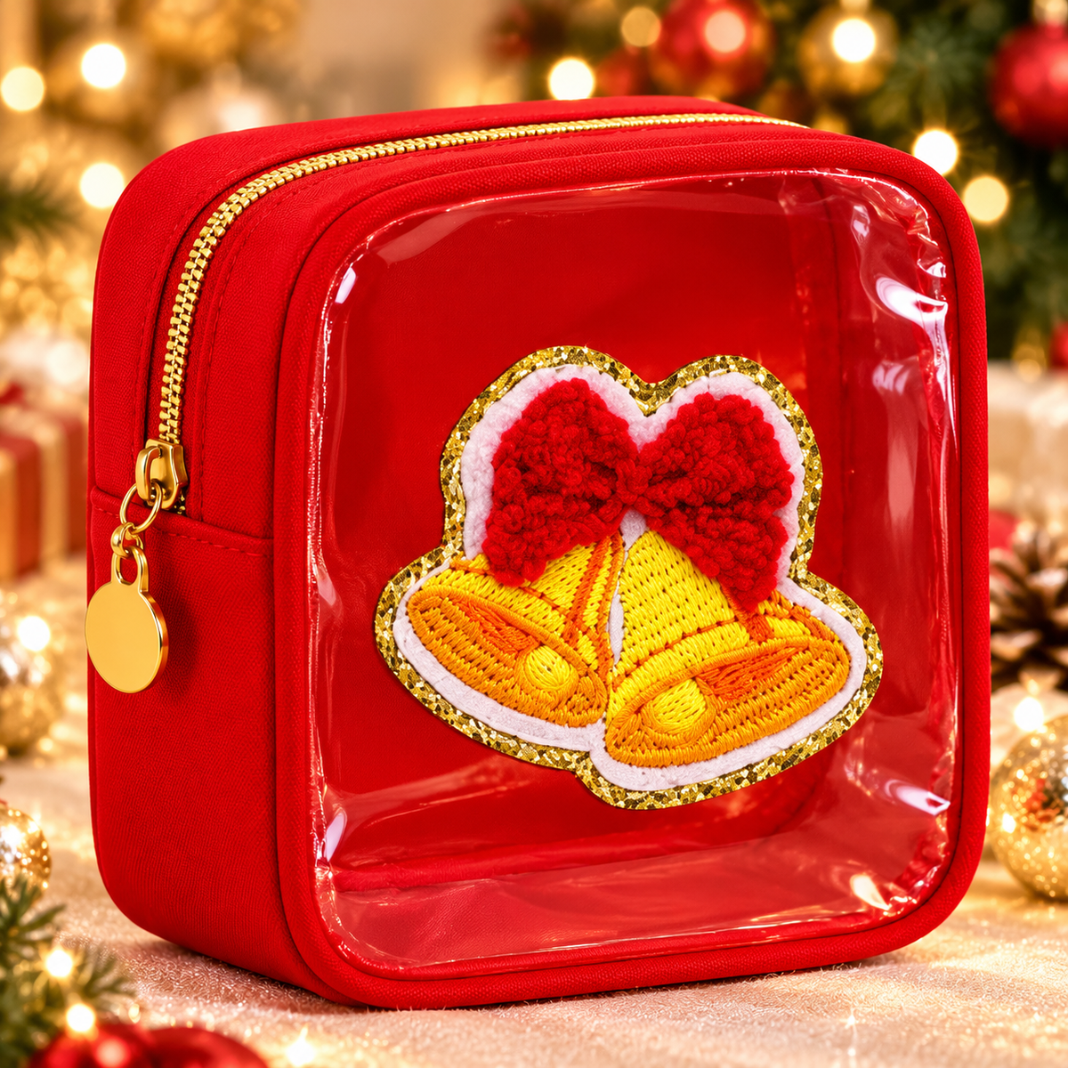 12-Pack Christmas Mini Makeup Bags with Clear PVC Window & Festive Chenille Patches – Holiday Gift Pouches for Teachers, Coworkers & Friends