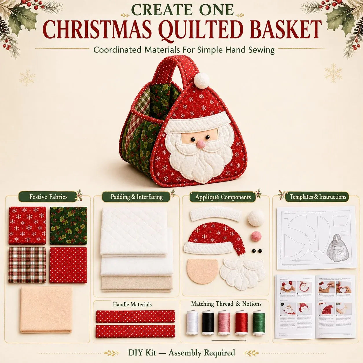 ⭐🎉🎄 Christmas Character Quilted Carry Basket | Padded Patchwork Fabrics, Layered Appliqué & Soft Carry Handle in DIY Kit or Ready-Made Styles 🎁✨