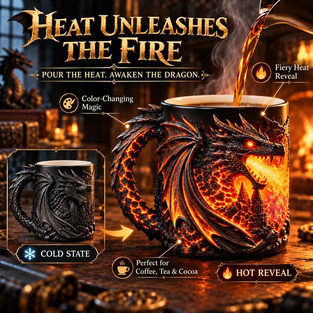 🐉✨  Dragonfire 3D Heat-Reveal Magic Mug | Add a Hot Drink. Awaken the Dragon.🔥