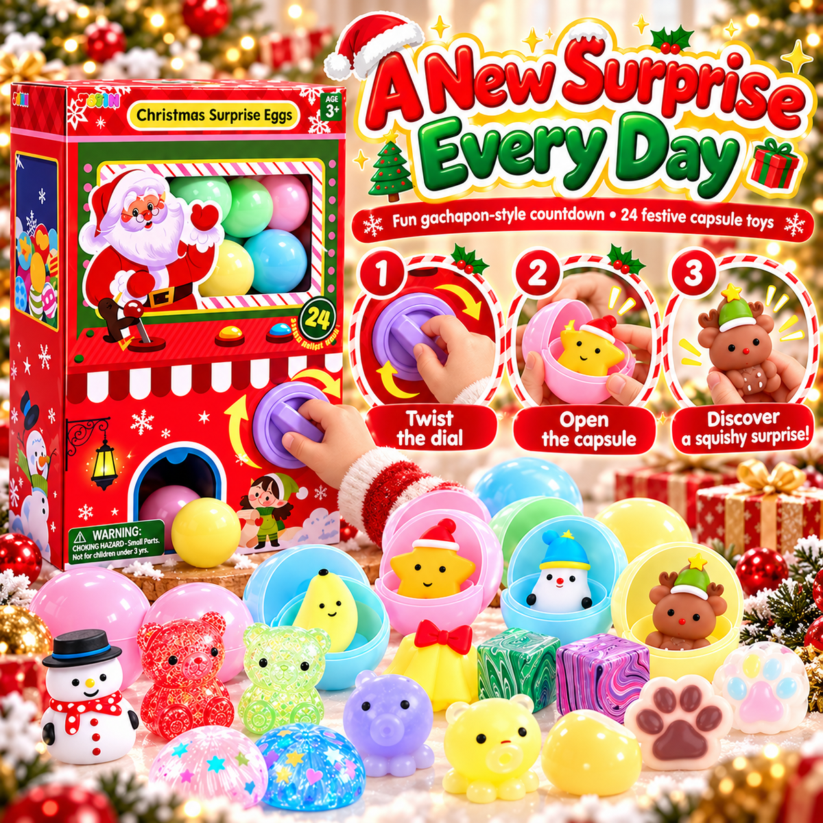 24-Day Christmas Gachapon Squishy Advent Calendar – 24 Surprise Capsule Sensory Toys with Twist-to-Dispense Machine Box