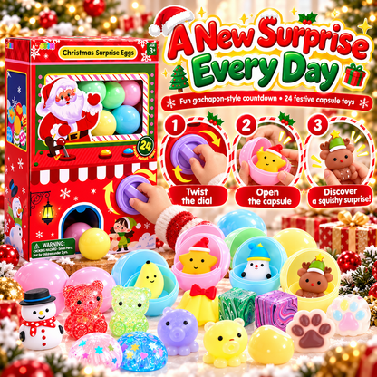 24-Day Christmas Gachapon Squishy Advent Calendar – 24 Surprise Capsule Sensory Toys with Twist-to-Dispense Machine Box