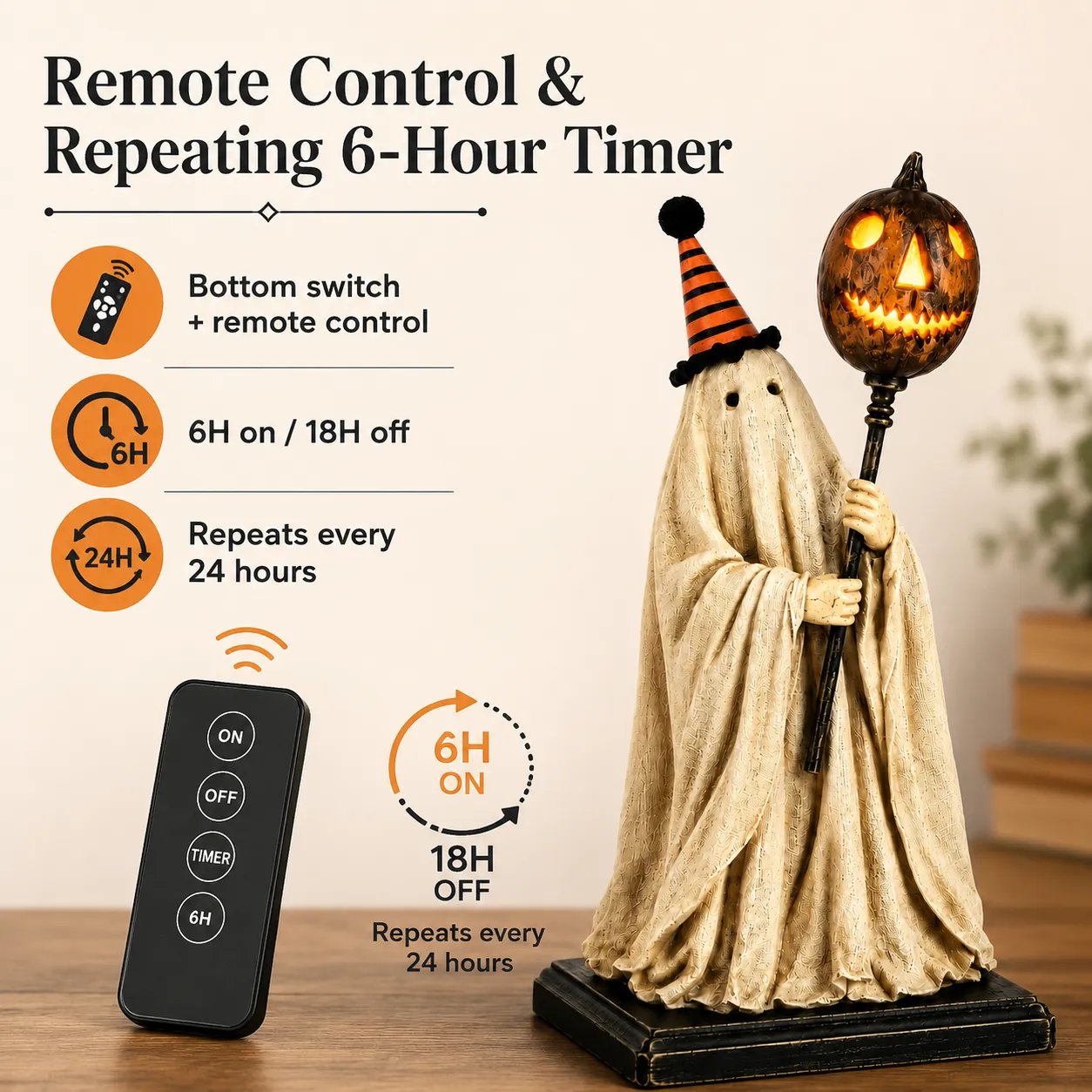 ✨🎃 Limited Seasonal Edition - 👻 Lighted Vintage Ghost Figurine with Glowing Pumpkin Staff
