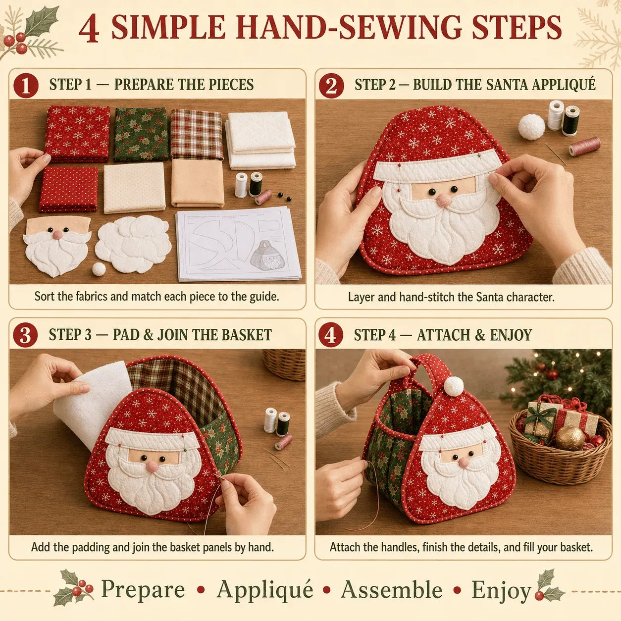 ⭐🎉🎄 Christmas Character Quilted Carry Basket | Padded Patchwork Fabrics, Layered Appliqué & Soft Carry Handle in DIY Kit or Ready-Made Styles 🎁✨