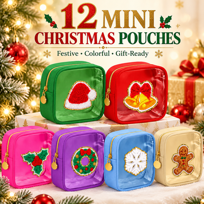 12-Pack Christmas Mini Makeup Bags with Clear PVC Window & Festive Chenille Patches – Holiday Gift Pouches for Teachers, Coworkers & Friends