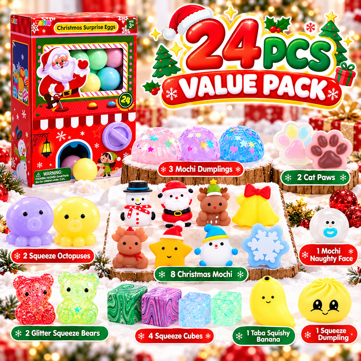 24-Day Christmas Gachapon Squishy Advent Calendar – 24 Surprise Capsule Sensory Toys with Twist-to-Dispense Machine Box