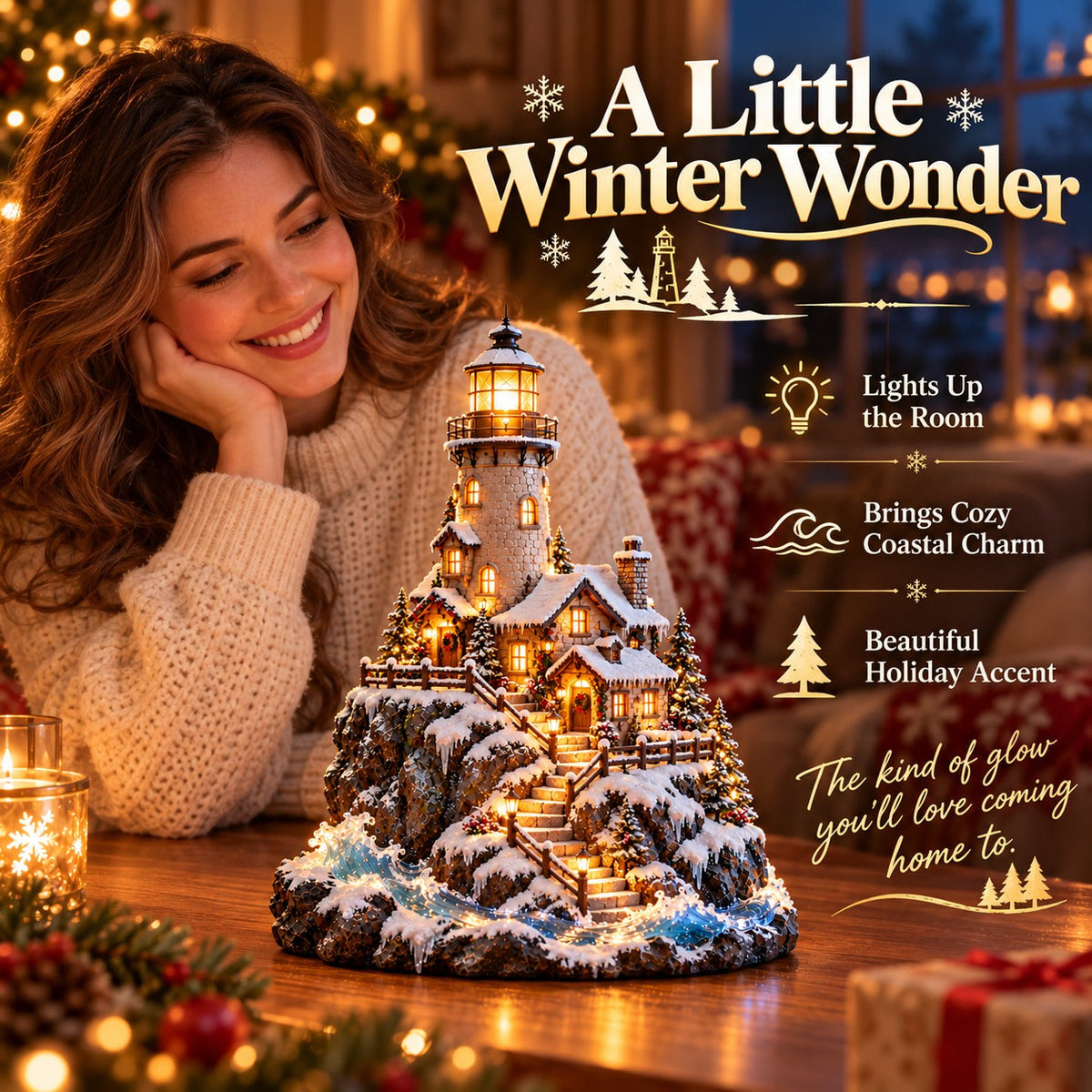 ❄️ Winter Lighthouse Cottage Glow — Lighted Coastal Christmas Village ✨