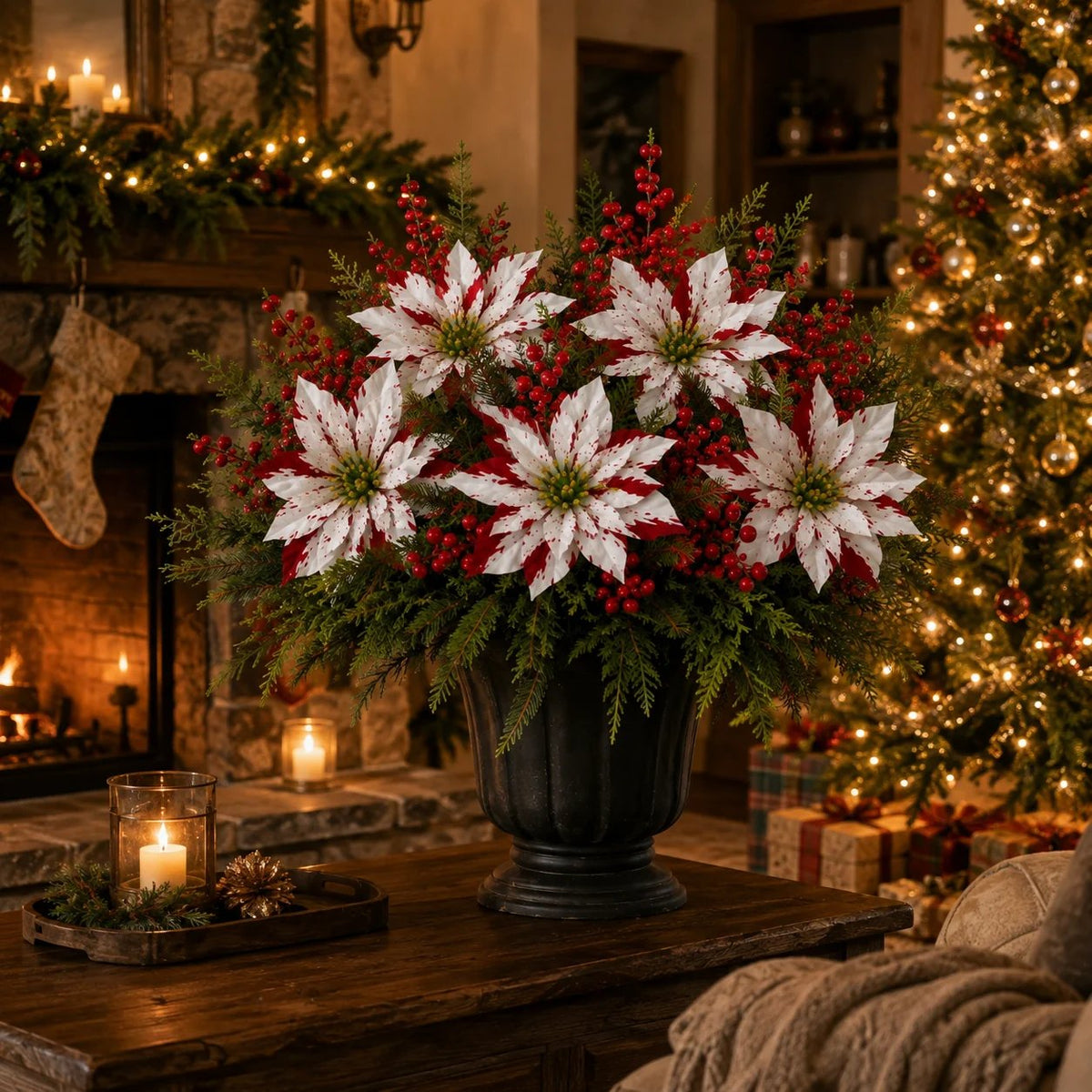 ❤️ Christmas Poinsettia Planter Inserts – Set of 6 Red & White Holiday Floral Picks