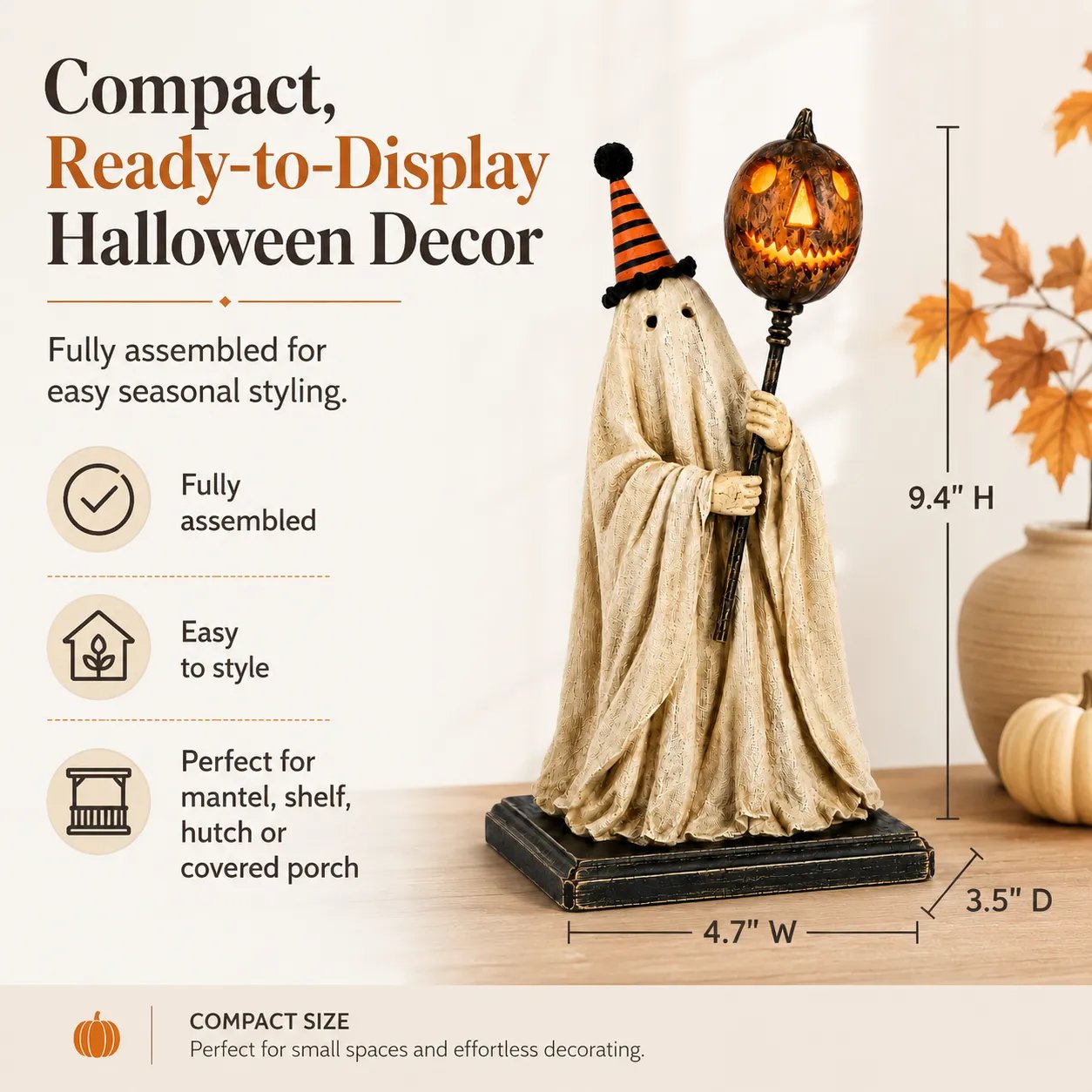 ✨🎃 Limited Seasonal Edition - 👻 Lighted Vintage Ghost Figurine with Glowing Pumpkin Staff