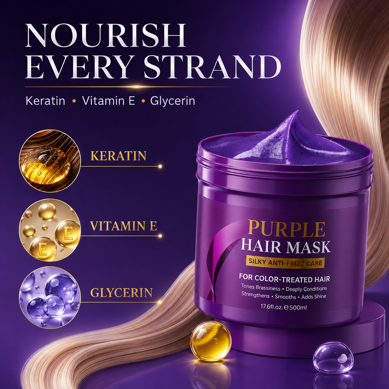 💜 Keratin Purple Toning Hair Mask (500mL) – Anti-Brass Color Care ✨