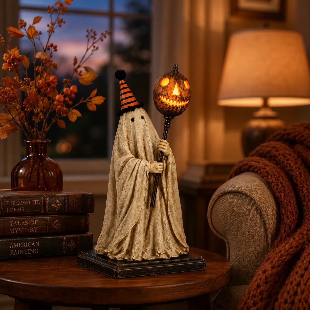 ✨🎃 Limited Seasonal Edition - 👻 Lighted Vintage Ghost Figurine with Glowing Pumpkin Staff