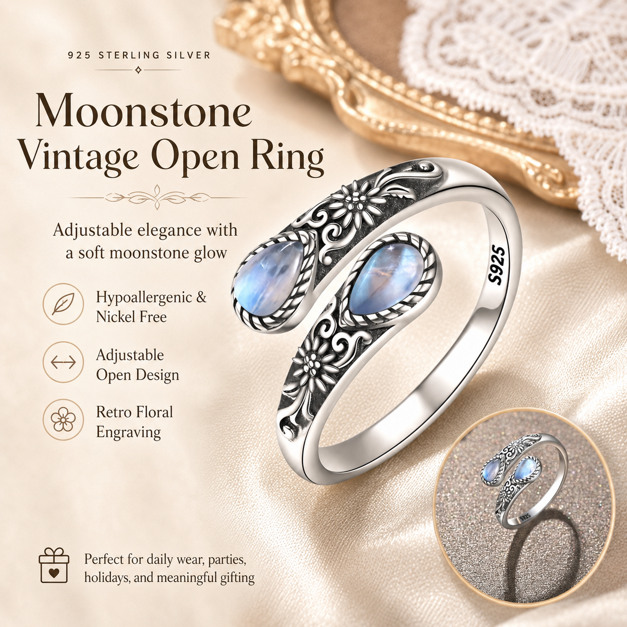 Moonstone Bloom Ring | Vintage Floral • Adjustable Open Band