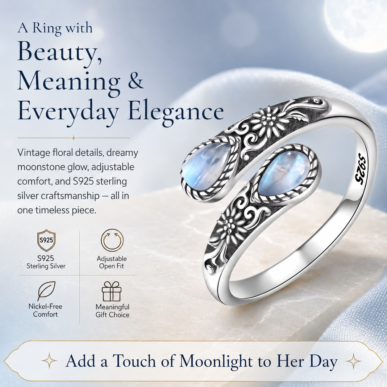 Moonstone Bloom Ring | Vintage Floral • Adjustable Open Band