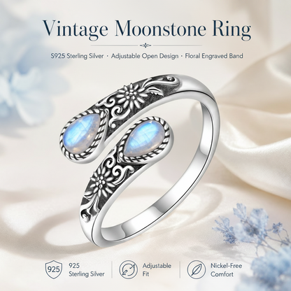 Moonstone Bloom Ring | Vintage Floral • Adjustable Open Band