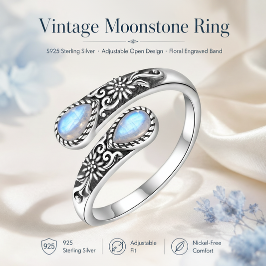 Moonstone Bloom Ring | Vintage Floral • Adjustable Open Band