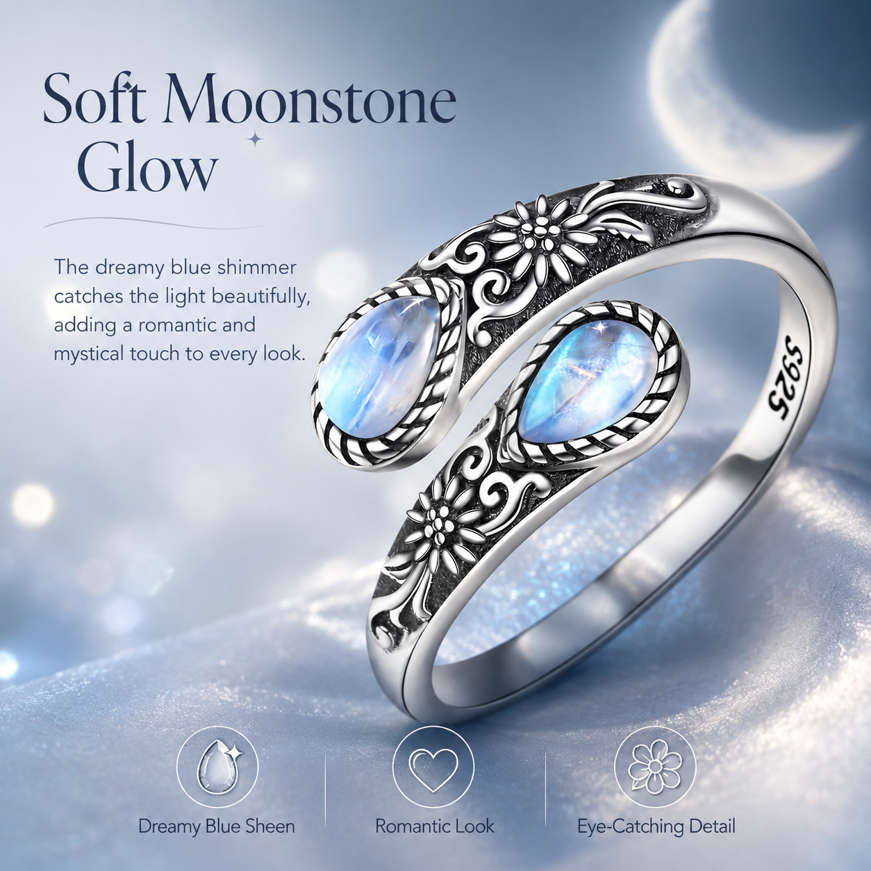 Moonstone Bloom Ring | Vintage Floral • Adjustable Open Band