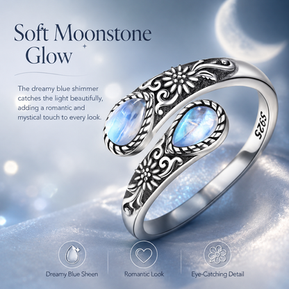 Moonstone Bloom Ring | Vintage Floral • Adjustable Open Band