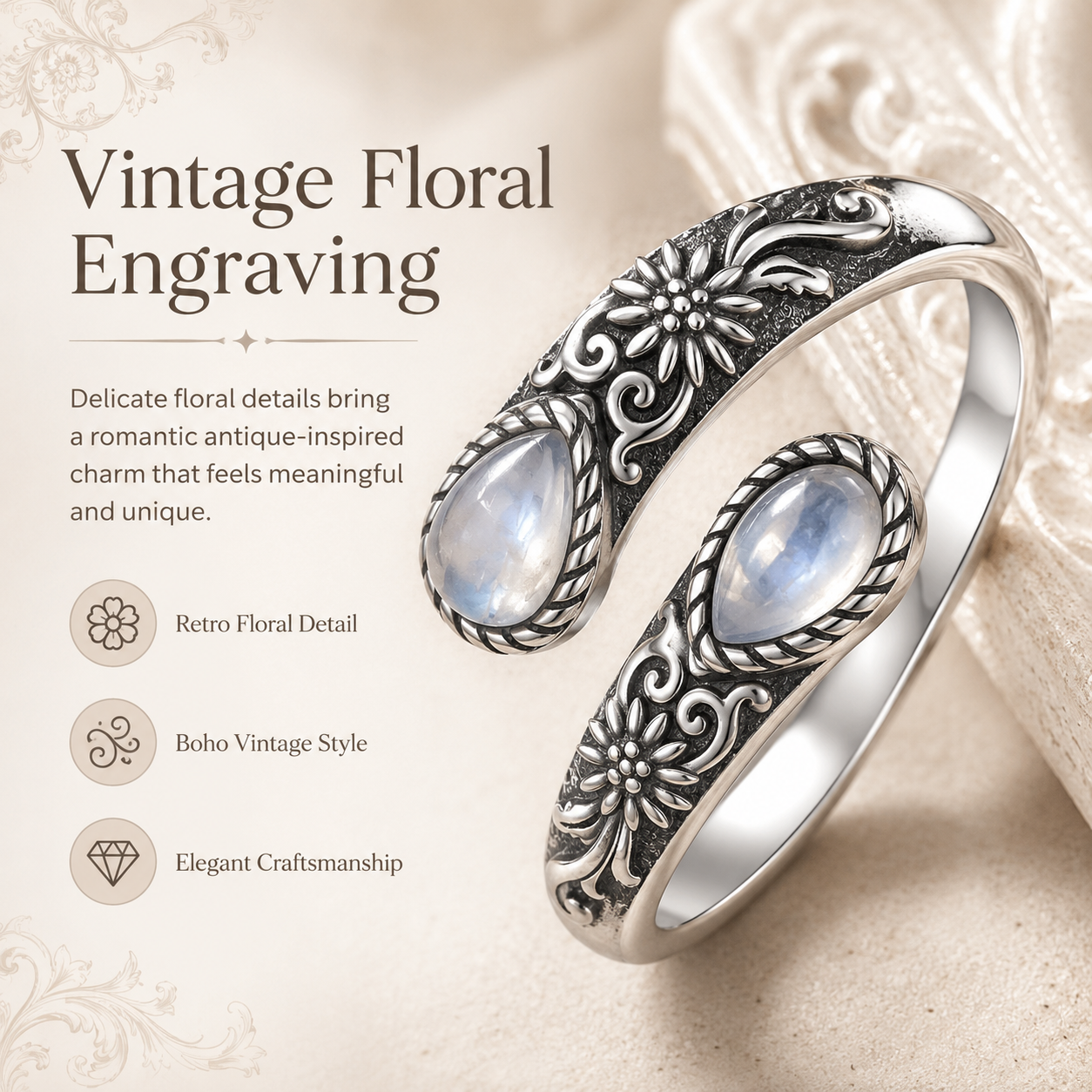 Moonstone Bloom Ring | Vintage Floral • Adjustable Open Band