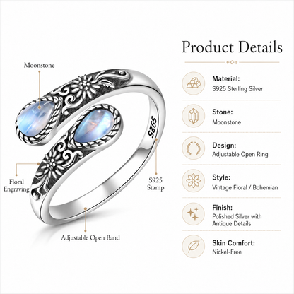 Moonstone Bloom Ring | Vintage Floral • Adjustable Open Band
