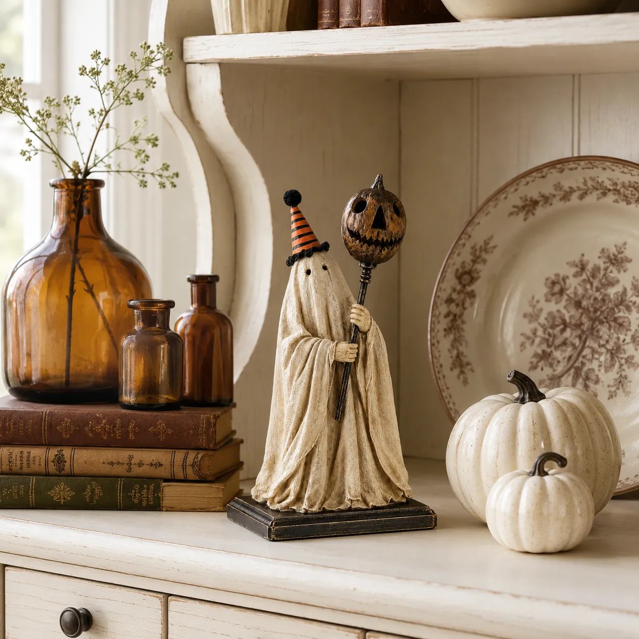 ✨🎃 Limited Seasonal Edition - 👻 Lighted Vintage Ghost Figurine with Glowing Pumpkin Staff