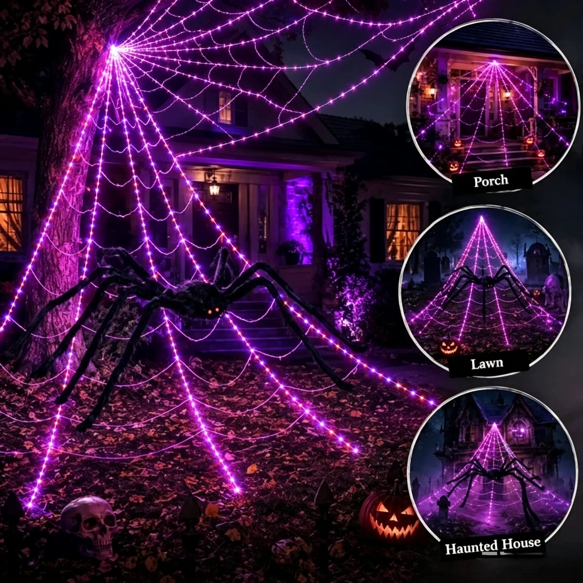 👻Halloween LED Spider Web Lights & Giant Black Spider Decor | 250 LEDs, 8 Modes, Remote Control✨