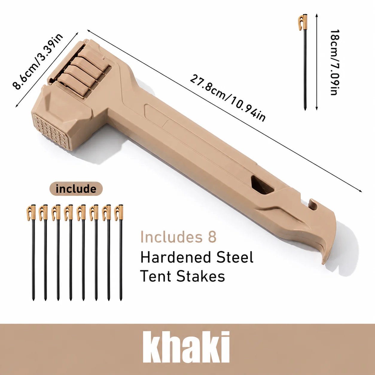 Last Day 49% OFF🔥🔨2-in-1 Tent Stake Hammer with Built-In Storage for 8 Stakes and Stake Puller for Outdoor Camping