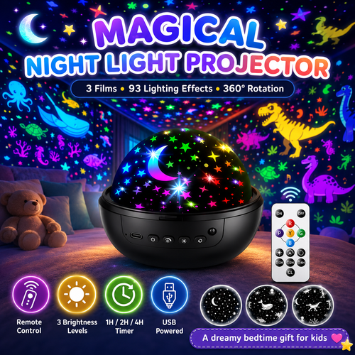 Kids Star Projector Night Light — 93 Effects, 3 Films, Remote Control
