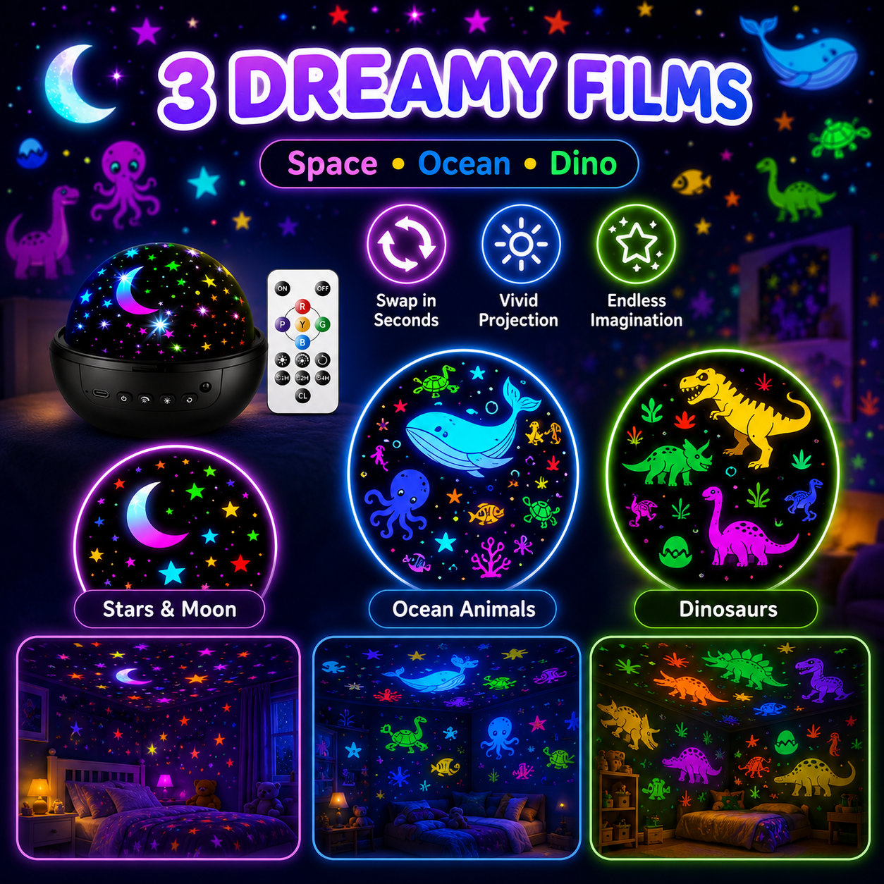 Kids Star Projector Night Light — 93 Effects, 3 Films, Remote Control