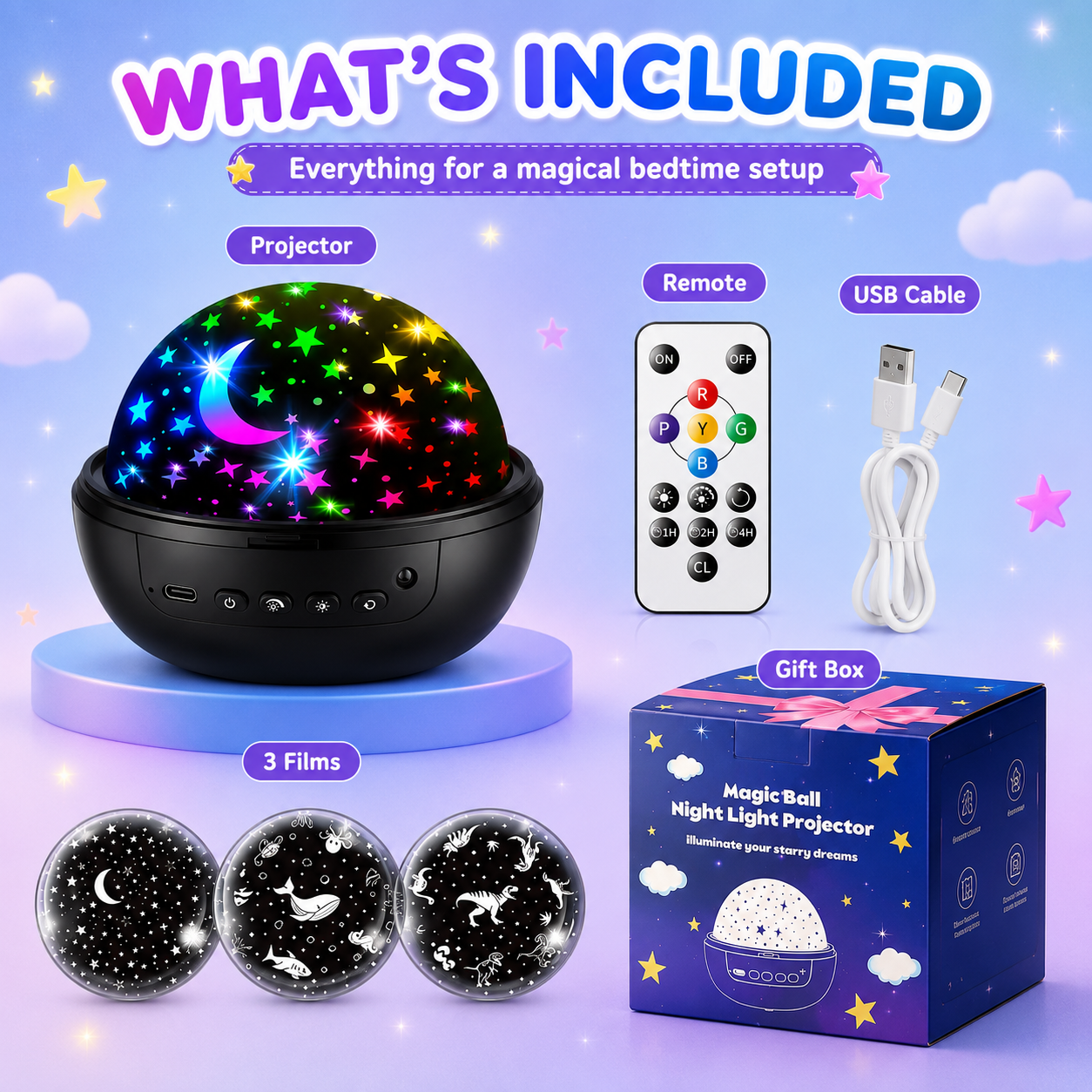 Kids Star Projector Night Light — 93 Effects, 3 Films, Remote Control