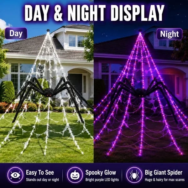 👻Halloween LED Spider Web Lights & Giant Black Spider Decor | 250 LEDs, 8 Modes, Remote Control✨