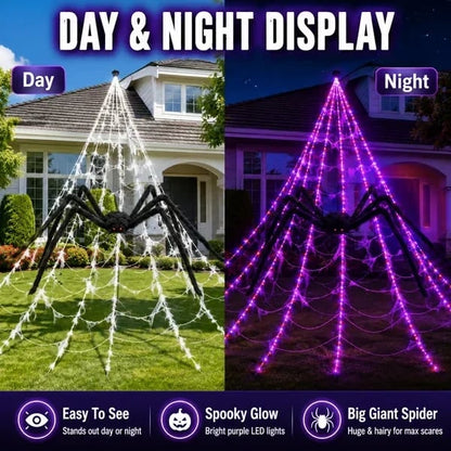👻Halloween LED Spider Web Lights & Giant Black Spider Decor | 250 LEDs, 8 Modes, Remote Control✨