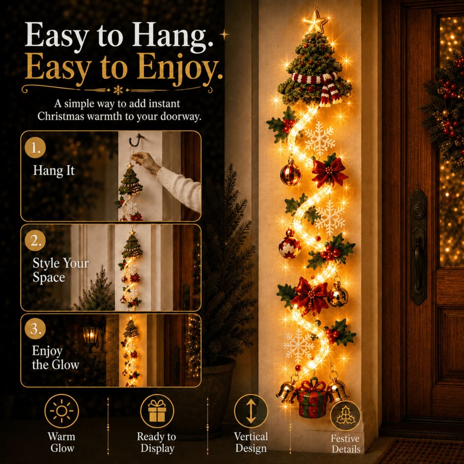 ⏳ 65% OFF – 🎄MerryCascade™ Glowing Christmas Door Hanger | 6 Festive Lighted Designs with Warm Glow, Dimensional Details & Space-Saving Vertical Décor ✨