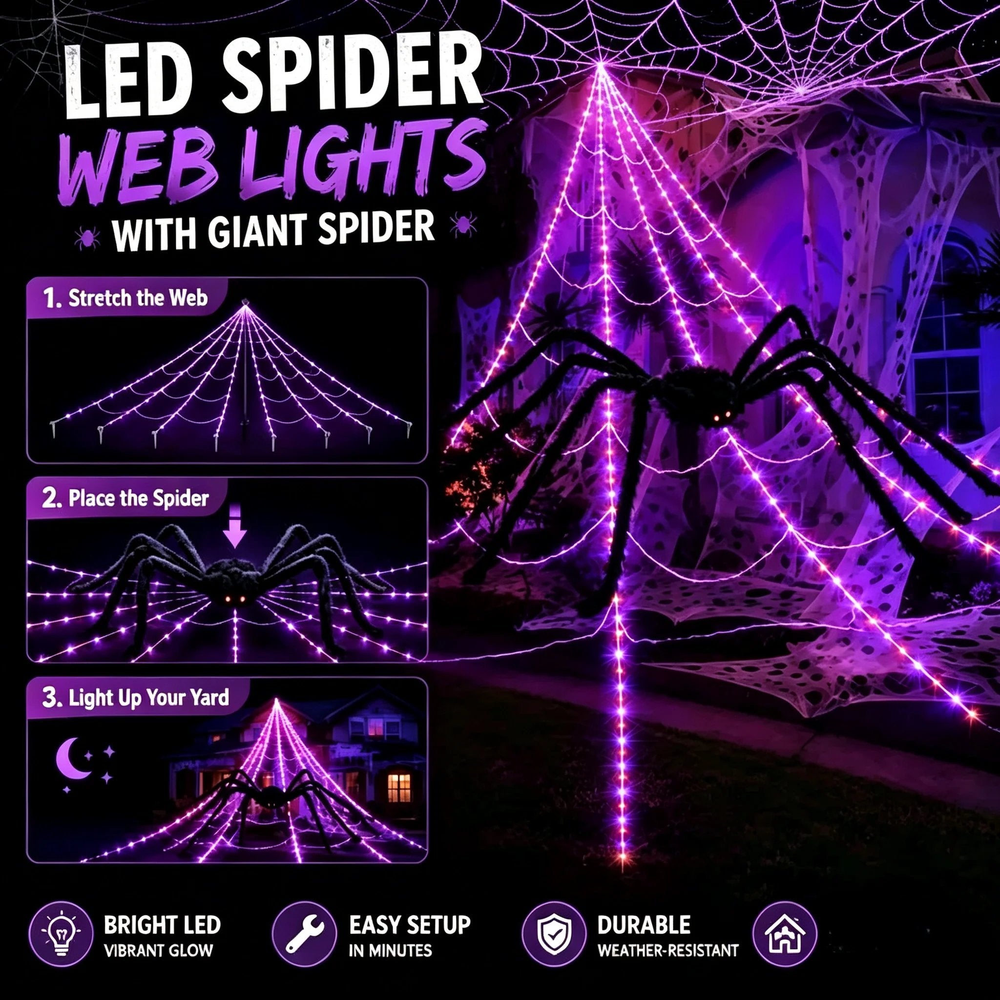 👻Halloween LED Spider Web Lights & Giant Black Spider Decor | 250 LEDs, 8 Modes, Remote Control✨
