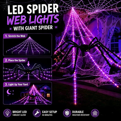 👻Halloween LED Spider Web Lights & Giant Black Spider Decor | 250 LEDs, 8 Modes, Remote Control✨