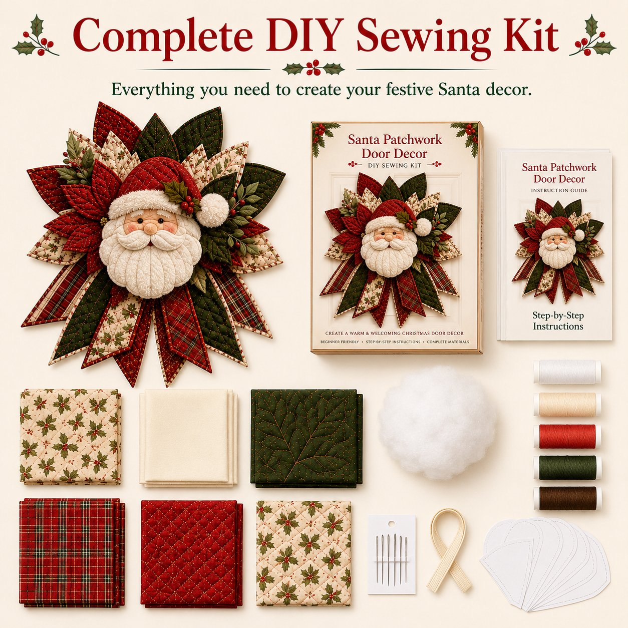 ⏳ Last Day 49% OFF – 🎅 Beginner-Friendly Oversized Santa Patchwork Door Hanger Sewing Kit | Complete Kit with All Tools & Step-by-Step Guide Included 💕