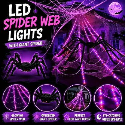 👻Halloween LED Spider Web Lights & Giant Black Spider Decor | 250 LEDs, 8 Modes, Remote Control✨