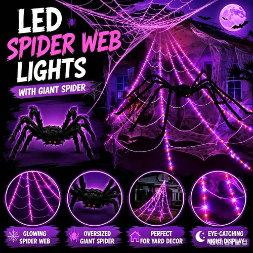 👻Halloween LED Spider Web Lights & Giant Black Spider Decor | 250 LEDs, 8 Modes, Remote Control✨