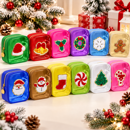 12-Pack Christmas Mini Makeup Bags with Clear PVC Window & Festive Chenille Patches – Holiday Gift Pouches for Teachers, Coworkers & Friends