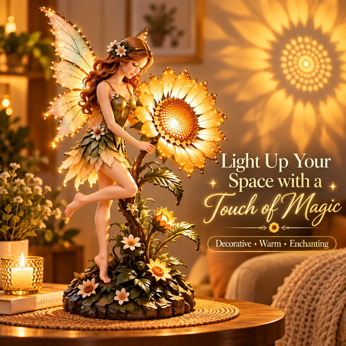 Sunflower Fairy Projection Lamp – Warm Lighted Fantasy Figurine with Flower Shadow Effect