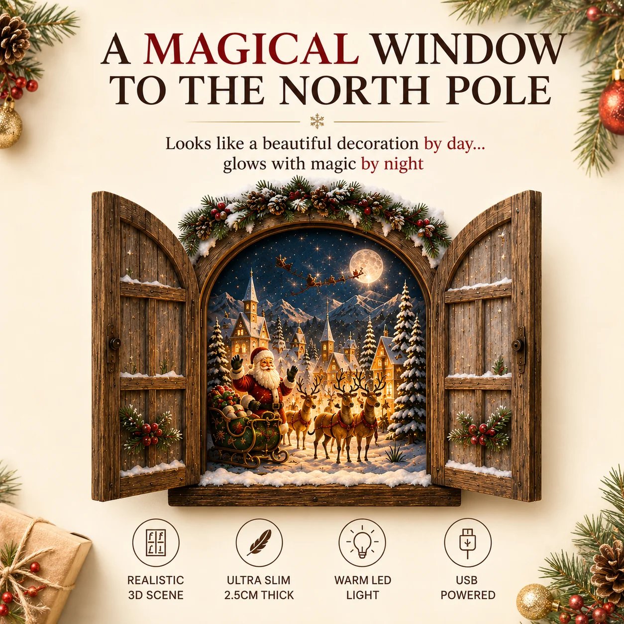 🎄 Santa's Secret Window Light — A 3D Lighted View of the North Pole for Your Wall | Rustic Opening Shutters, Snowy Village, Santa & Sleigh Under the Moon | Warm LED Christmas Wall Decor for Mantel, Entryway & Hallway