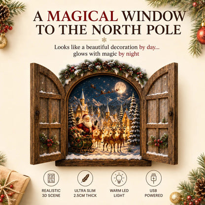 🎄 Santa's Secret Window Light — A 3D Lighted View of the North Pole for Your Wall | Rustic Opening Shutters, Snowy Village, Santa & Sleigh Under the Moon | Warm LED Christmas Wall Decor for Mantel, Entryway & Hallway