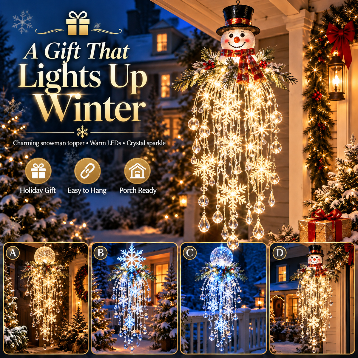 Crystal Cascade Christmas Light – Hanging Snowflake & Crystal LED Porch Décor ✨❄️