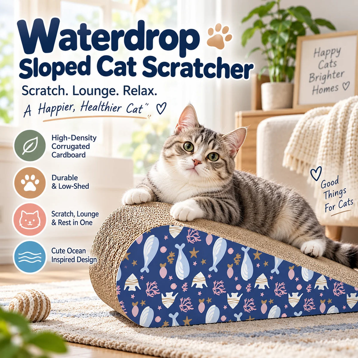 🐾 Waterdrop Sloped Cat Scratcher – High-Density Corrugated Cardboard Lounge & Scratch Board for Indoor Cats 🐱